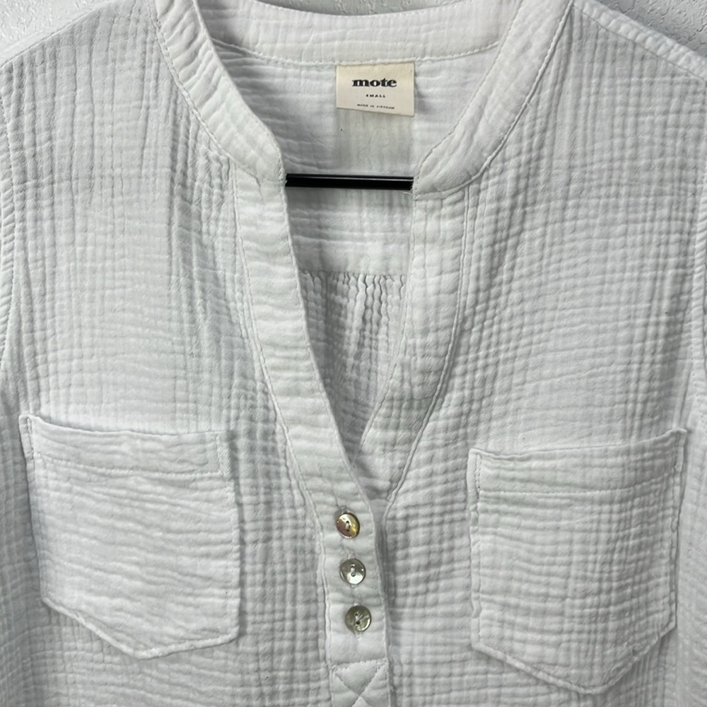 Mote V-Neck Tunic Top Sz S White Henley Pockets Bohemian Gauze Cotton TC0617 - Picture 7 of 8